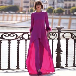 Mother Of Bride Suits Feathers 3/4 Sleeves Chiffon 2 Pieces Outfit Plus Size Womens Suit Set for Special Occasion Dress