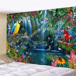 Tapestries Jungle Bird Art Tapestry Psychedelic Scene Home Decor Wall Hanging Hippie Boho Aesthetic Room Yoga Mat 231213