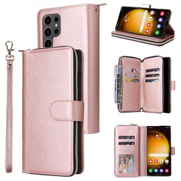 Wristband Flip Zipper Phone Case for iPhone 15 14 13 Pro Max Samsung Galaxy S24 S23 S22 Ultra S23FE S21FE A13 5G A33 A53 A73 A22E A23E A23S A04E Leather Wallet Chain Shell