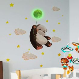 Luminous Flying Panda with Green Light Moon Wall Stickers Cartoon Fluoresce Light Wall Decals Cartoon Decorative Stickers Art