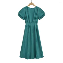Party Dresses Early Autumn Fashion Women's Temperament Casual Round Neck Flying Sleeves Pleated Fabric Midi Dress