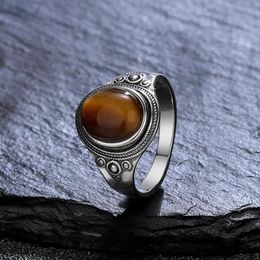 Wedding Rings Sterling Silver 925 Ring Natural 8 10mm Tiger Eye Stone Ruby Ring Mens Party Gift Exquisite Jewelry 231213