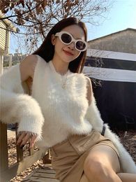 Women's Knits Mink Cashmere Korean Grunge 2 Pieces Set Women Y2k Fashion Cardigan Coats Fluffy Pullovers Sweaters Autumn Cropped Top Clothes