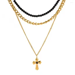 Pendant Necklaces ALLME Chic Natural Stone Tigereye Cross Women 18K Gold PVD Plated Titanium Steel Three Layered Agate Choker