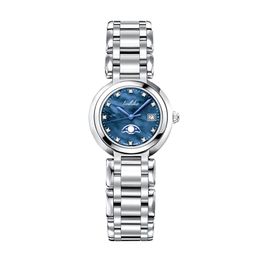 Leichte luxuriöse hohe Aussehen Level Diamond in Laid Womens Watch Einfacher Stahlgürtel Wasserdichte Frauen Watch Star Moon Blue Disc Quartz Uhren Kalender