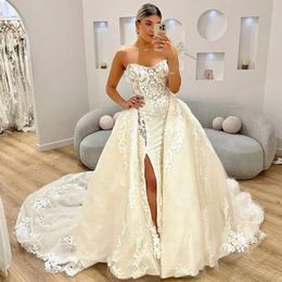 Stunningbride 2024 Gorgeous Strapless Sleeveless Mermaid Wedding Dress Luxury Beading White Appliques Detachable Train Princsss Bridal Gown