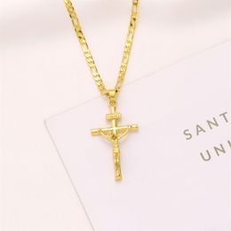 Italian inri Jesus Crucifix Cross Pendant Figaro Link Chain Necklace 9k Yellow Solid Gold GF 60cm 3mm Womens Mens312d