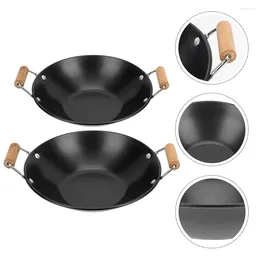 Pans 2 Pcs Stainless Steel Griddle Stove Dry Pot Kitchen Cookware Household Paella Frying Pan Wooden