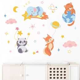 Cartoon Cute Sleeping Animals Panda Elephant Planet Stars Wall Stickers for Kids Room Bedroom Wall Decals Nursery Room Murals