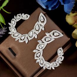 Stud Earrings HIBRIDE Sparkling Leaf Design Full Cubic Zirconia Pave Women CZ Fashion Jewellery For Bridal Wedding Brincos E-597