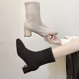 Boots Short Spring Autumn Knitted High Heels Square Toe Thick Heel Childrens Elastic Wool Medium Sleeve Womens Boot 230830