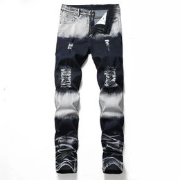 Men's Jeans Men Ripped Fashion Motorcycle Denim Design Straight Pants Brand Casual Patches Wear Hole Ruined Large Size 231213