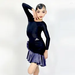 Stage Wear Girls Latin Dance Dress Long Sleeve Competition Costume Two-Piece Rumba ChaCha Samba Practise Bodysuit Skirt YS5193