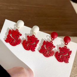 Dangle Earrings Red Dragon For Women Chinese Style Hollow Carving Vintage 2024 Year Animal Earring Girls Party Jewelry Gift