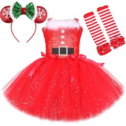 Girl's Dresses Sparkly Christmas Elf Tutu Dress for Girls Santa Claus Costumes for Kids Birthday Halloween Outfit Children Xmas Holiday Clothes 231213