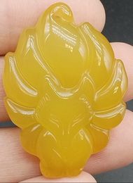 Certified Yellow Natural Agate Chalcedony Carved Nine-Tailed Fox Pendant