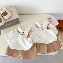 Clothing Sets South Korean toddler Sibling Look 2PC clothing set with swivel collar short sleeved cotton top brown shorts college set 231214