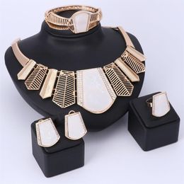Gold Plated Crystal Jewelry Set For Women Beads Collar Necklace Earrings Bangle Rings Sets Costume Fashion Shell Accessories2756