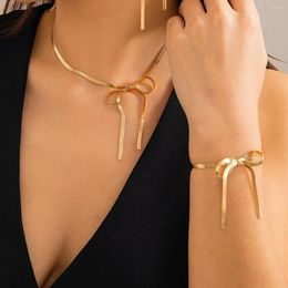 Necklace Earrings Set Retro Gold Colour Tassels Ribbon Bowknot Choker Stainless Steel Snake Chain Bow Bracelet Mother's Day Gift