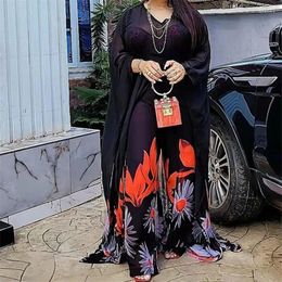 Ethnic Clothing African Turkey Chiffon 2024 Summer Women Long Dress Pants 2 Pieces Set Dashiki Print Maxi Robe Trouser Suit Party Gowns
