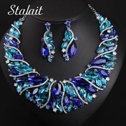 Vintage Statement Crystal Necklace Earrings Set Retro Dubai Bridal Jewellery Sets Women's Party Luxury Big Colourful Jewellery G229v