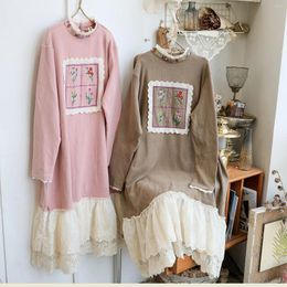 Casual Dresses 112cm Bust / Spring Autumn Women Mori Kei Girl Floral Embroidered Lace Patchwork Loose Plus Size Cotton Bottom