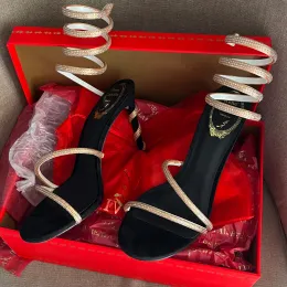 Margot verzierte Wildledersandalen, Rene Caovilla-Absatz, Schlangen-Strass-Stiletto-Absätze, hochhackige Damen-Luxus-Designer-Knöchelwickel-Abendschuhe, Fabrikschuhe