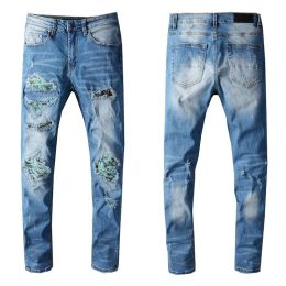 Mens Blue Jeans Slim Distressed Denim Pants Torn Tattered Knee Ripped for Man Rivet Patches Skinny Straight With Holes Size 28-40 Long Softe