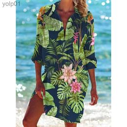 Women's Blouses Shirts New Haii Beach Floral 3D Print Blouses Women Long Sle Mid-length Shirts Vintage Buttons Shirt Blouse Sexy Girl Pocket TopsL231214