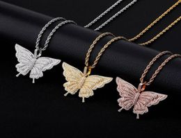 Women Fashion Hiphop Butterfly Pendant Necklaces Full Diamond Insect Pendants Brand Designer Mens Hip Hop Jewelry 18K Gold Plated4125274