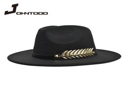 Vintage classic felt jazz fedora hat big brimmed cloche cowboy panama for women men black red bowler3850118