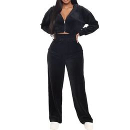 Women s Two Piece Pants Casual Velvet Tracksuit Solid Colour Zip Up Hooded Crop Sweatshirt Coat Jacket Loose Pencil Suit Sport Loungewear 231214