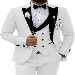 White Wedding Tuxedo Coat Trouser Vest Slim Fit Wedding Suit Prom Dinner Bespoke 3 Pieces Male Bussiness Outfit Set Suit Groom Party Suits 2024 Peaked Lapel Suits