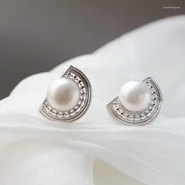 Stud Earrings Authentic 925 Sterling Silver Fashion Semicircle Earstuds Inlaid 10mm Natural Freshwater Pearl Earring National Style Jewelry