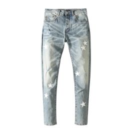 Designer Jeans for Men Pants Motorcycle Regular White Star Slim Fit Denim Hip Hop Mens Biker Ripped with Hole Distress Stretch Male Long Str