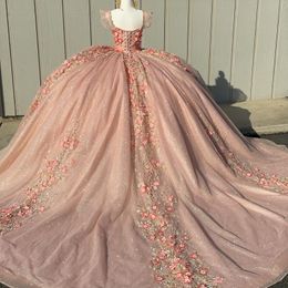 Pink Glitter Crystal Sequined Ball Gown Quinceanera Dresses Off The Shoulder Applique Lace Beading Corset Vestidos De 15 Anos