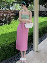 Casual Dresses Women Summer Sweet Green Pink Patchwork Elegant Ruffles Split Dress Spaghetti Strap Slim Backless Bow Bandage Pleated Boho