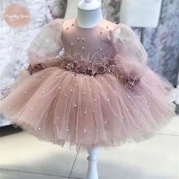 Girl s Dresses Baby Girl Princess Pearl Flower Feather Dress Long Sleeve Infant Toddler Child Vestido Party Birthday Clothes 12M 14Y 231213