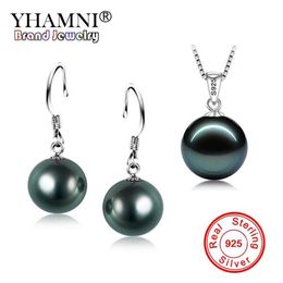 YHAMNI Fashion Real 925 Sterling Silver Natural Black Pearl Pendant Necklace Earrings Set Wedding Jewelry Sets for Women TZH001293b