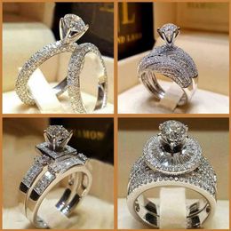 Luxury Male Female Crystal Zircon Stone Ring Silver Color Vintage Wedding Set Men Women Engagement Rings210i