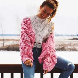 Women's Knits Tees BOHO INSPIRED Cardigan Pompon Hand Knit cardigan women pink long sleeve knit top women heart shape pattern women sweaters 231214