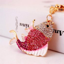 Fish Keyring Animal Pendant Key Chains Gold Tone Plated Drip Oil Rhinestone Crystal Car Key Ring Holders Women Bag Accessories225h