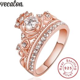 Vecalon 2 Colours Crown Jewellery Women ring 5A Cubic Zirconia Rose Gold Colour Party wedding Band ring for women Gift261H