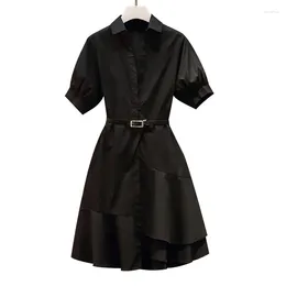 Party Dresses Summer Women Black Shirt Dress Elegant V Neck Short Sleeve Casual Belt Ruffle Streetwear Plus Size Fashion Knees Vestidos