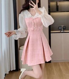 Casual Dresses 2023 Fall Winter Tweed Patchwork Short Dress Women Sweet Flare Sleeve Pink Party