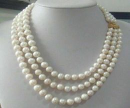 Triple Strands 8-9mm Real South Sea White Pearl Necklace 18-20 Hot8754430