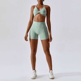 Lu Lu Lemen Align 2PCS Cross Kinks Women's Yoga Sportswear Seamless Breathable Quick Dry Set Workout Wear Open Back Bra High Waist Leggings Set