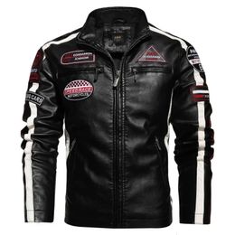 Men's Jackets Autumn Motorcycle Leather Jacket Casual Patchwork Vintage Overcoat Biker PU Embroidery Bomber Zipper Fleece Male 231214