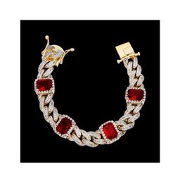 Bling Jewelry Men Hip Hop Micro Pave Aaaaa Cz Diamonds 12mm Copper Miami Cuban Chain Link Ruby Bracelet253n7304612