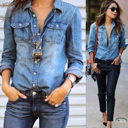 Women's Blouses Shirts VS LLWQ Women Fashion Blue Denim Shirts Women Girls Autumn Casual Long Sle Solid Blue Two Pockets Cotton Blend Tops 2020 NewL231214